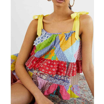 NEW Let Me Be Anthropologie Ruffled Patchwork Tank Multi Color Size 4