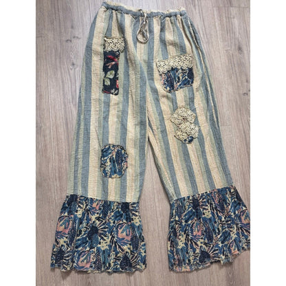 Jaded Gypsy Striped Patchwork Lace Ruffle Wide Leg Pants Blue Cream Boho