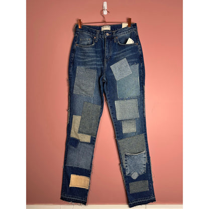 Free People Bare With Me Jeans in Blue Size 26 Patchwork Mid-Rise Straight Leg