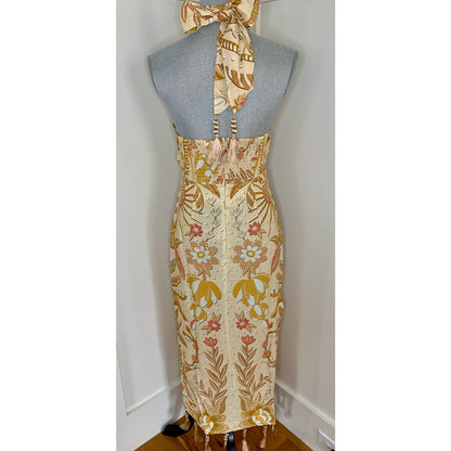 Farm Rio Jungle Chic Sand Midi Dress Large Floral Halter Tasseled Cutout Front