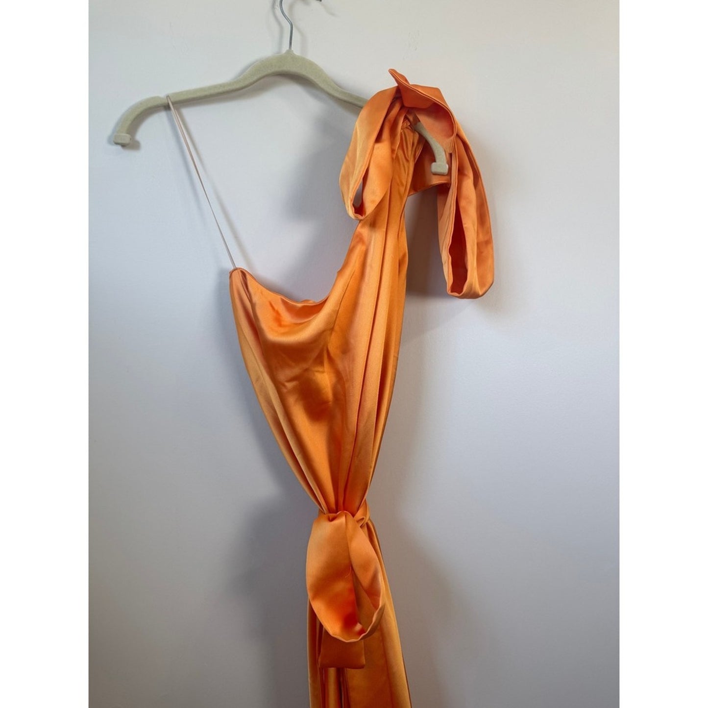 Orange Satin One Shoulder Maxi Dress Bow Detail Formal Gown Sleeveless Orange