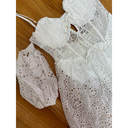 For Love & Lemons Romi Midi Dress in White Small Floral Eyelet Puff Sleeve