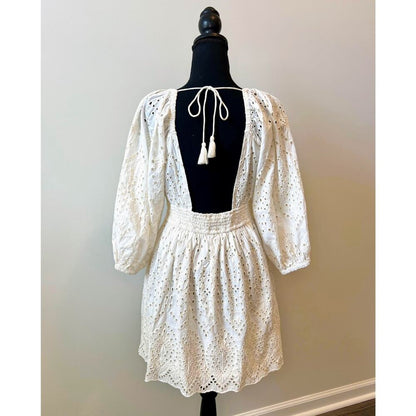 CleoBella Aria Mini Dress White Small Long Sleeve Embroidered Eyelet Tasseled‎