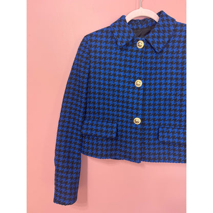 NEW Zara Blogger Fave Royal Blue Tweed Houndstooth Crop Blazer Gold Buttons SIze Small