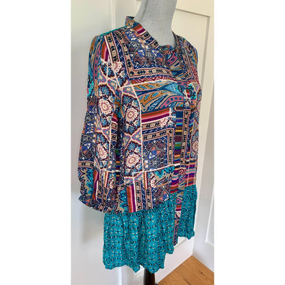 Tolani Button Down Mini Dress Colorful Geometric Size XS Long Sleeve Round Neck