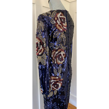 Mac Duggal Metallic Floral Midi Sequin in Midnight Dress Size 8 Long Sleeve