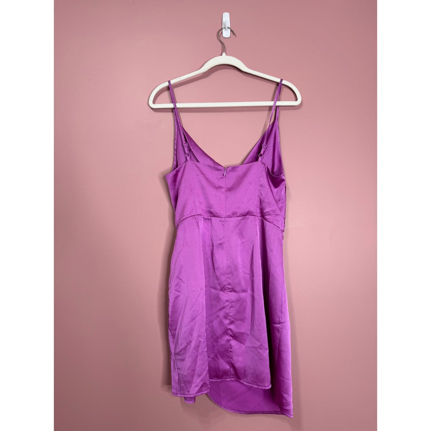 Superdown Arezo Cowl Neck Wrap Mini Dress in Purple Large Satin Cowl Neck Ruched