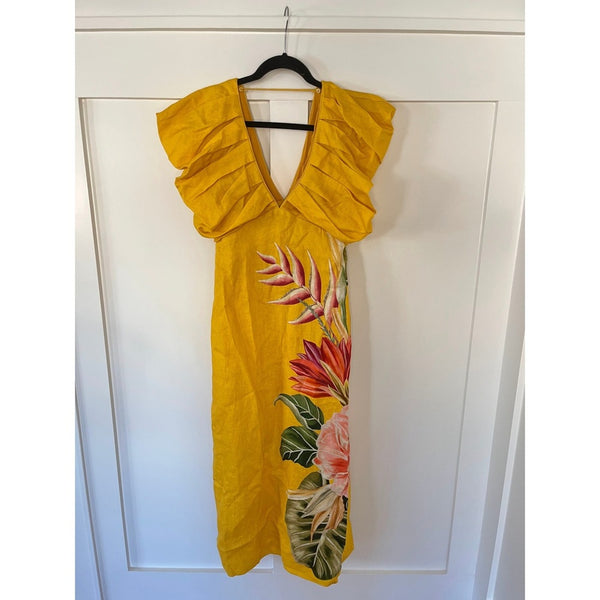 FARM Rio Yellow Floral Maxi Dress With Ruffle Shoulders Size Small