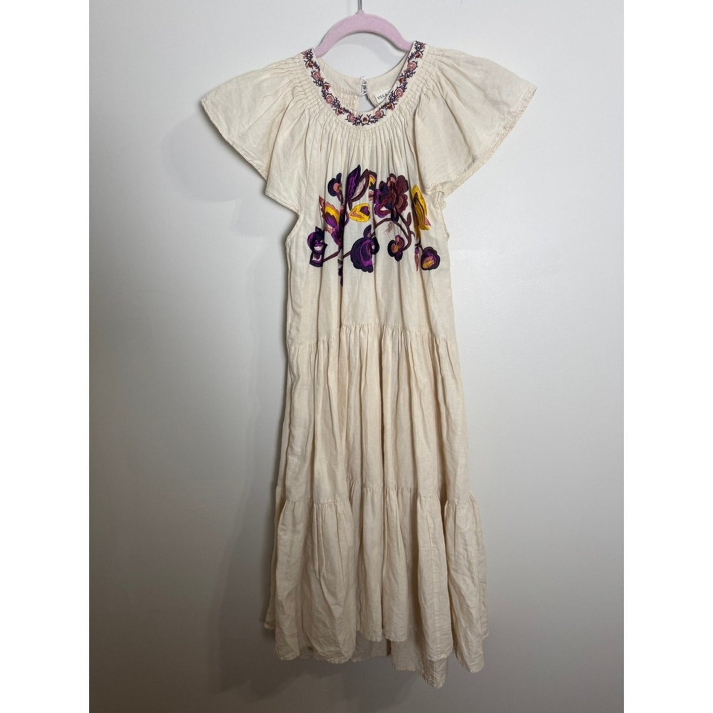 Ulla Johnson Embroidered Tiered Midi Dress Ruffled Neckline Flutter Sleeve