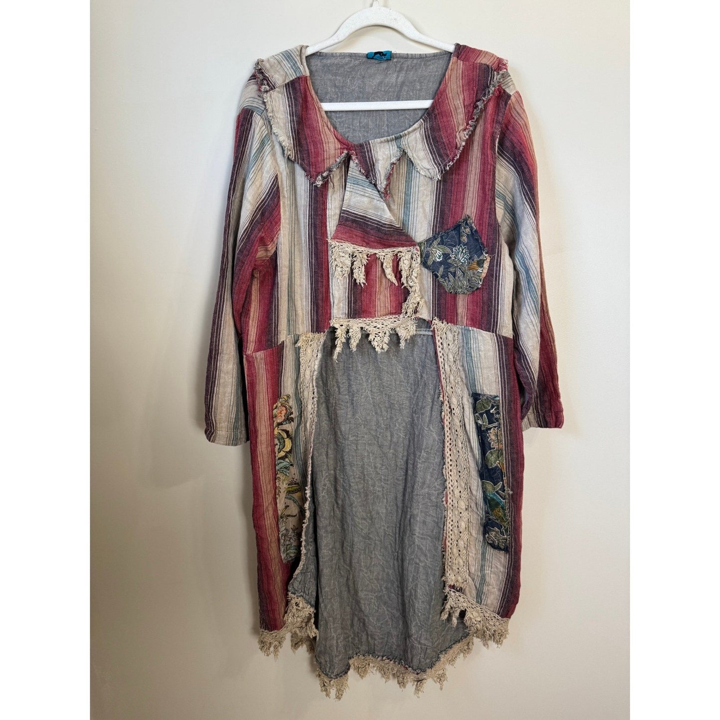 Jaded Gypsy Patchwork Striped Lace Trim Bohemian Tunic Dress Women L