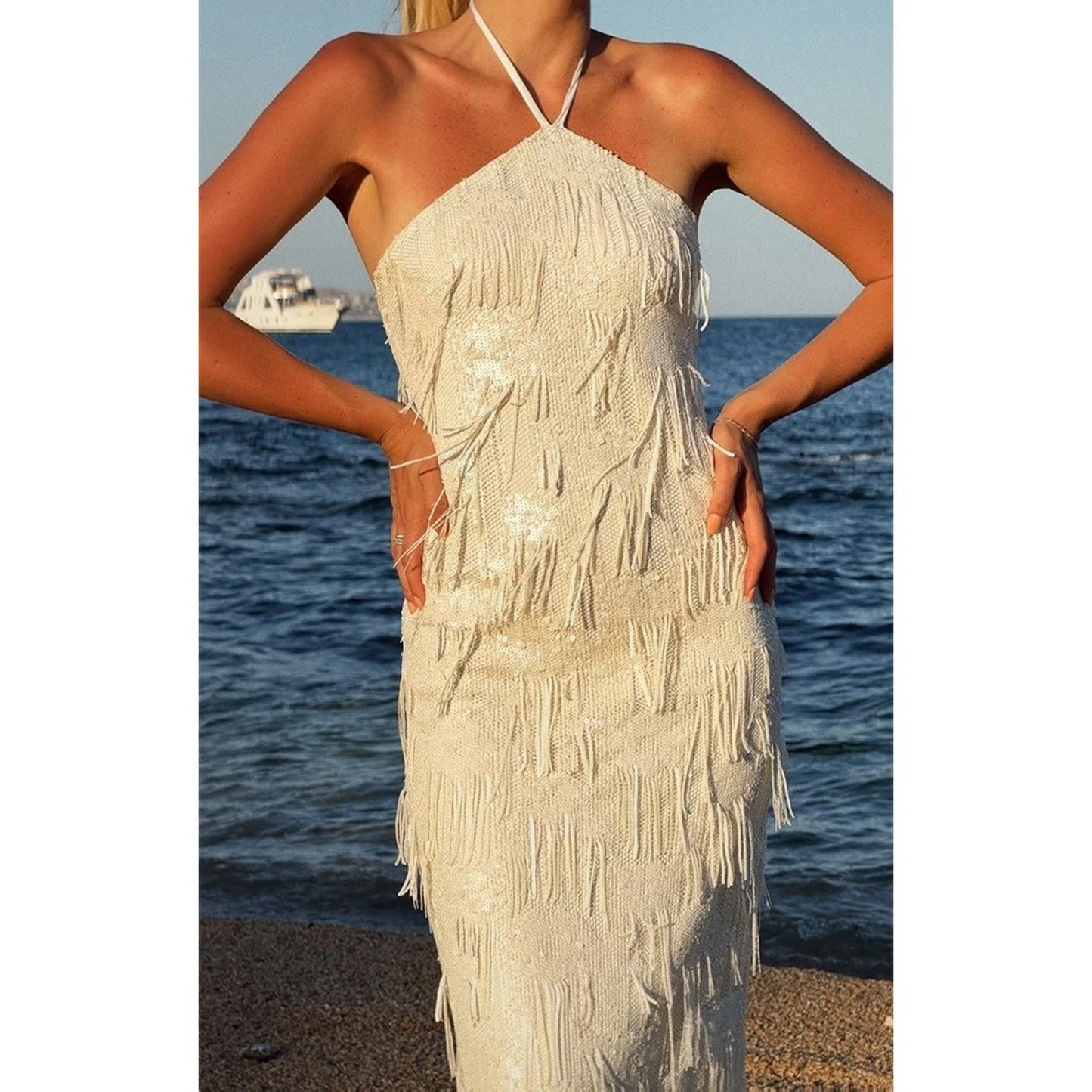 Show Me Your Mumu White Sequin Fringe Halter Maxi Dress XXS Bridal Formal Gown