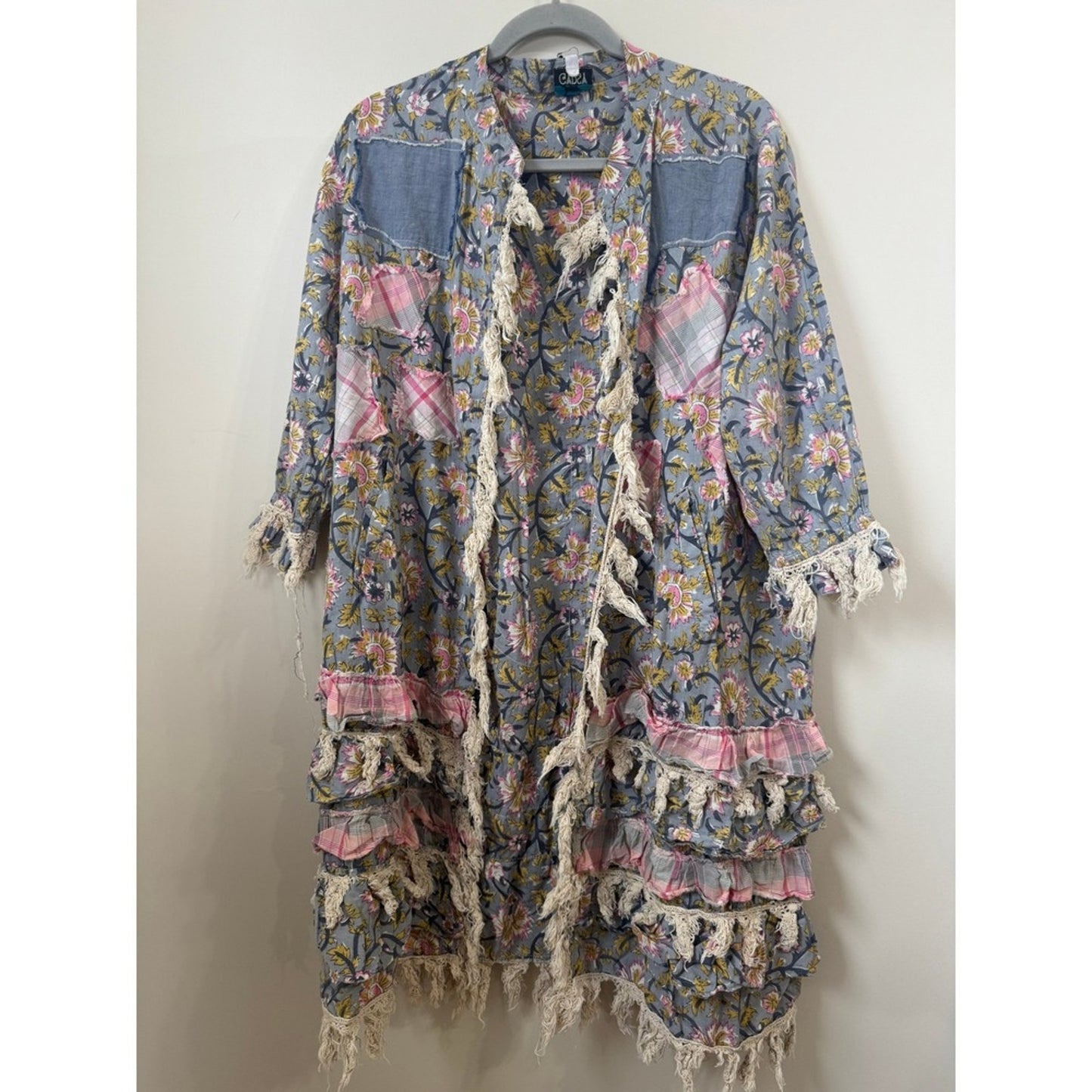 Jaded Gypsy Floral Patchwork Peace Sign Boho Duster Cardigan Blue Pink Fringe