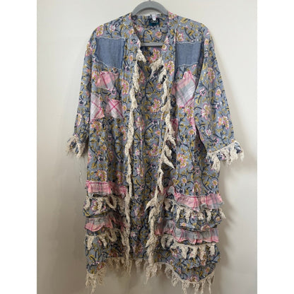 Jaded Gypsy Floral Patchwork Peace Sign Boho Duster Cardigan Blue Pink Fringe