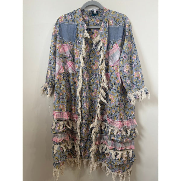 Jaded Gypsy Floral Patchwork Peace Sign Boho Duster Cardigan Blue Pink Fringe