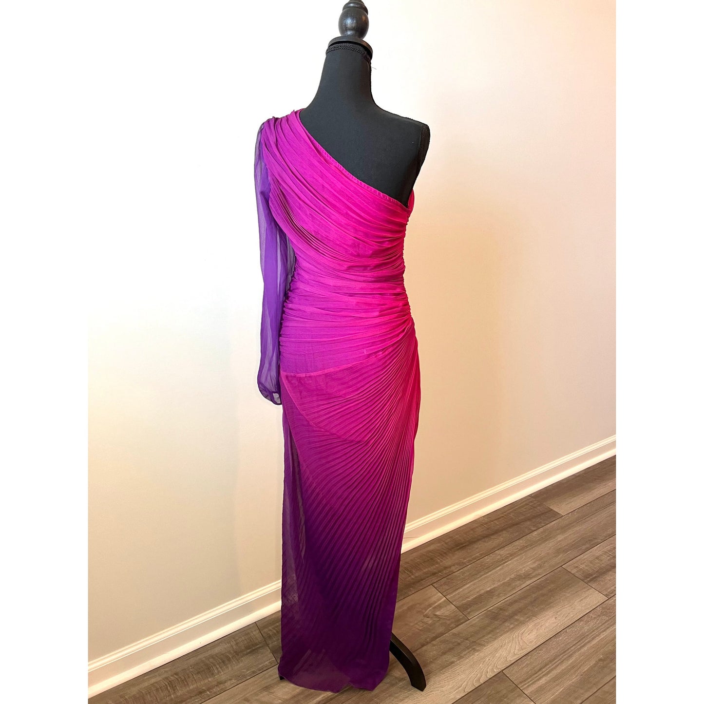 Rococo Sand Paige Long Dress in Pink/Purple Ombre Large One Shoulder Ruched
