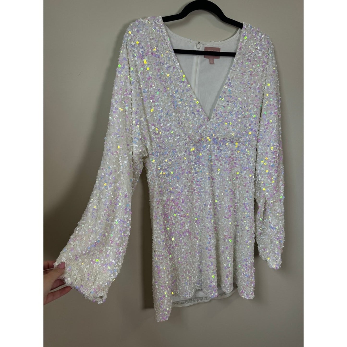 Show Me Your Mumu White Iridescent Sequin Mini Dress Long Sleeve V-Neck XL