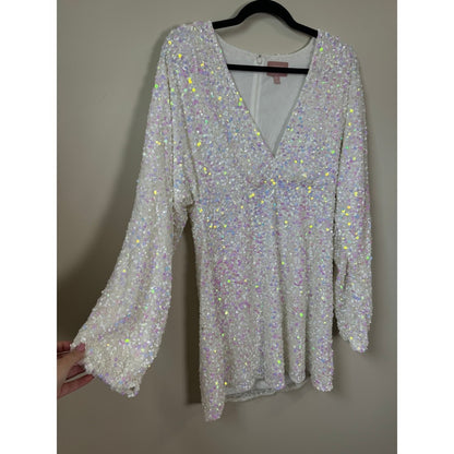 Show Me Your Mumu White Iridescent Sequin Mini Dress Long Sleeve V-Neck XL