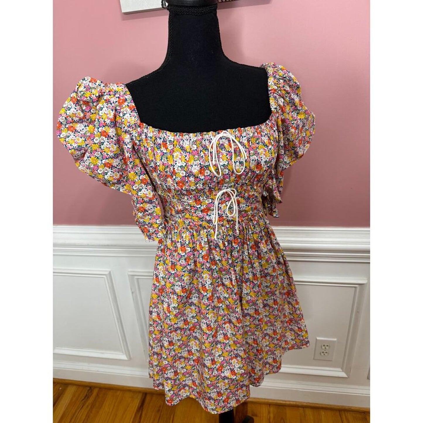For Love & Lemons Libby Mini Dress in Orange Floral‎ Small Short Sleeve Lined