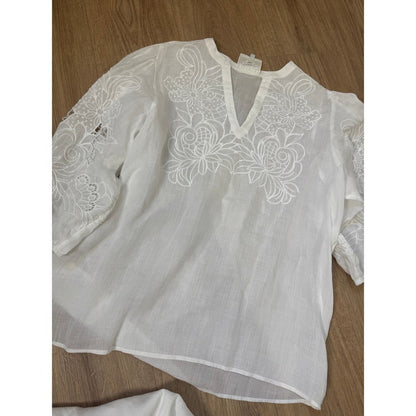 Johnny Was Jade White Linen Embroidered Tunic and Wide Leg Pant Set Womens Large