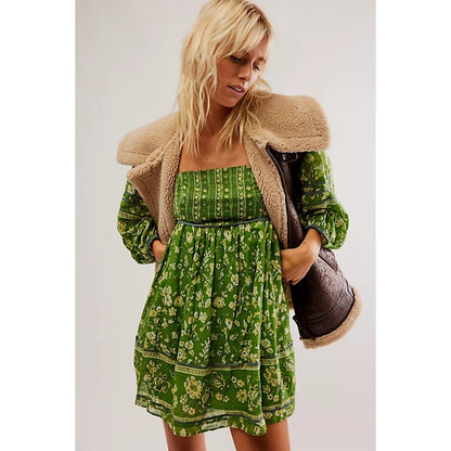 Free People Endless Afternoon Mini Dress in Green Size XS Floral Long Sleeve