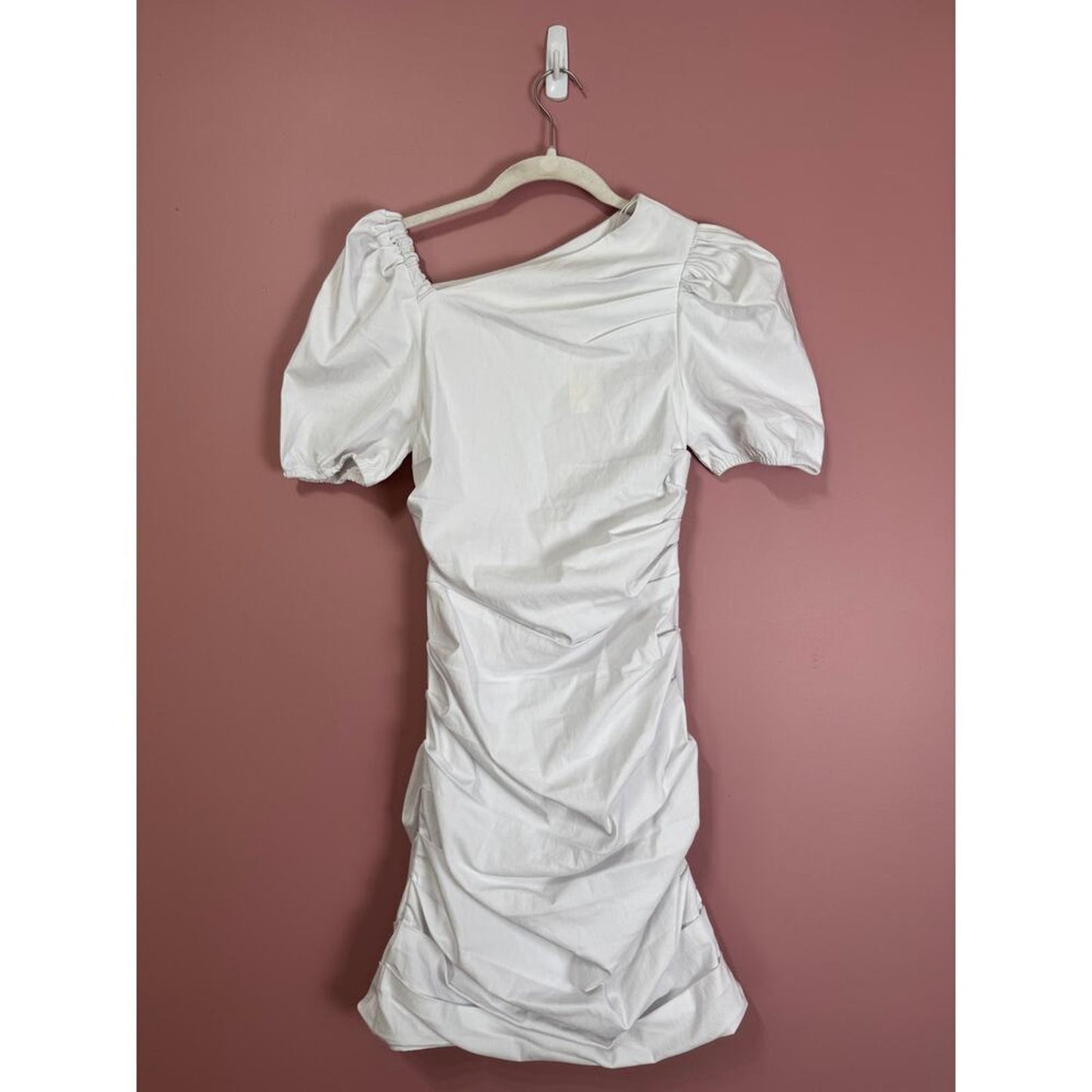 Maeve Anthropologie Slim Puff-Sleeve Ruched Dress in White XS‎