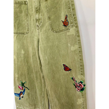 We The Free Wide Leg Jeans in Army Green Sz 26 Denim Ultra High Rise Embroidered