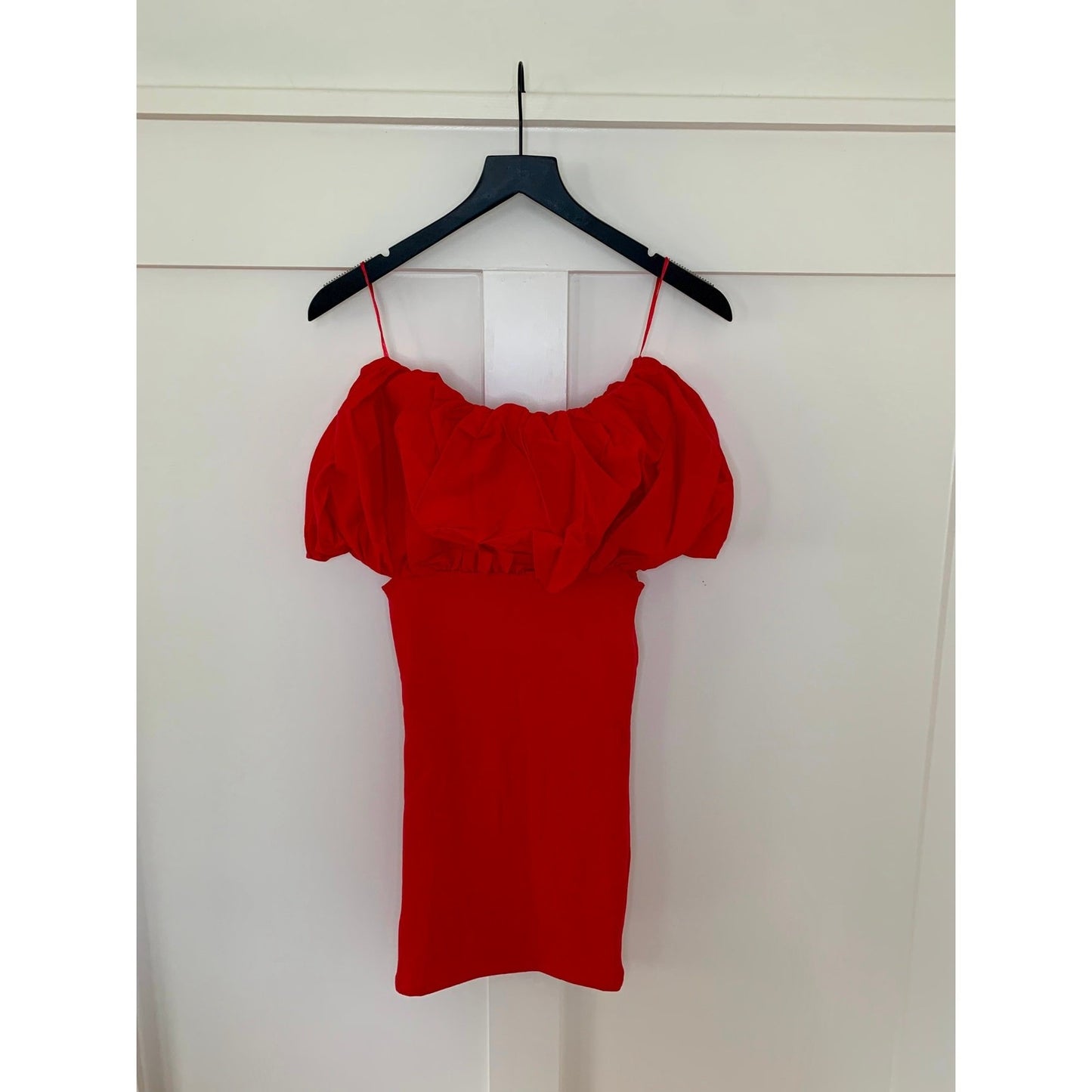 Zara Mini Dress in Red Small Knit Off Shoulder Cutout Ruffle Party Cocktail