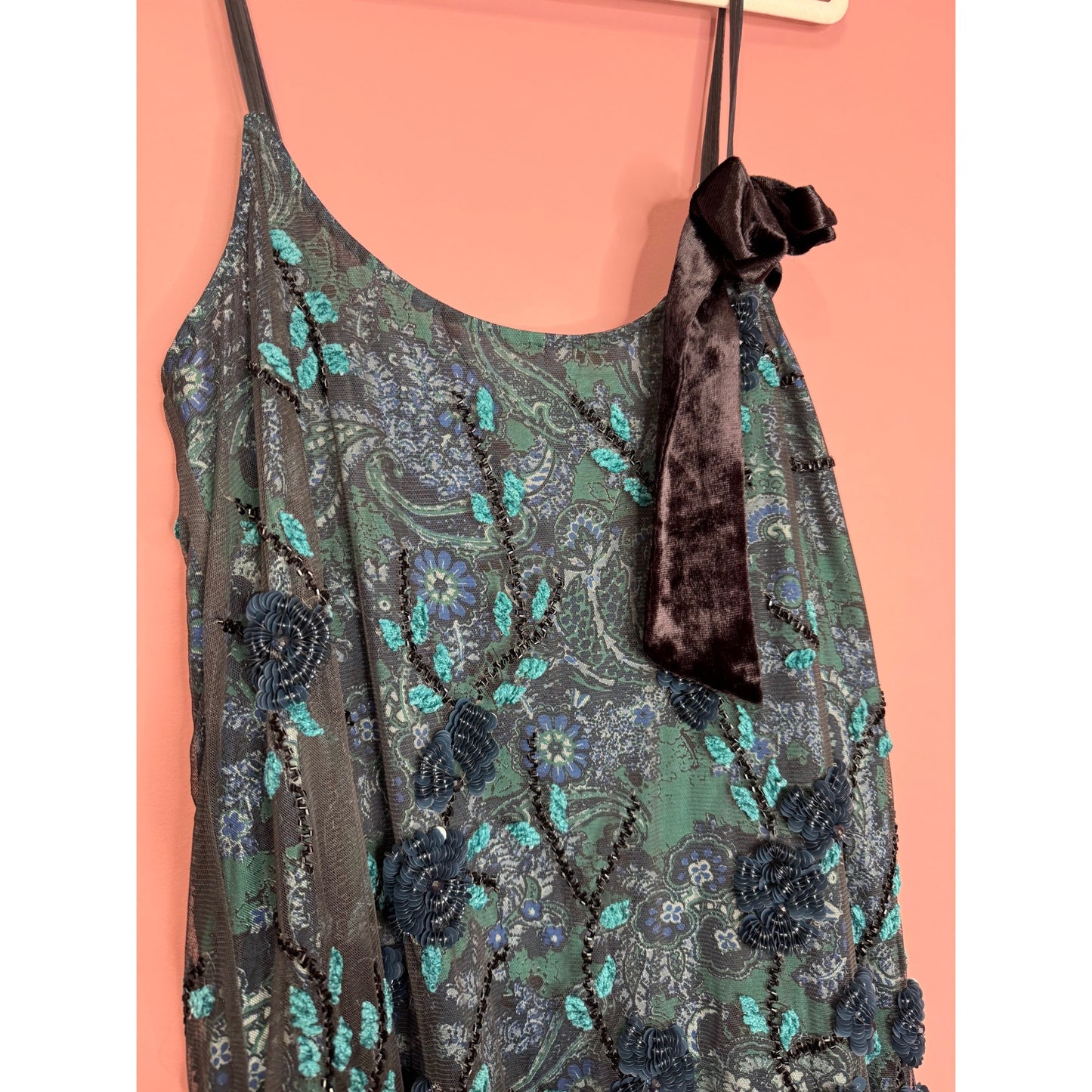 Free People Pure Heart Mini Dress Sleeveless Large Floral Paisley Sequin Lined