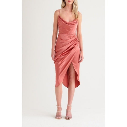 House of CB Reva Satin Cowl Neck Ruched Midi Dress Rose Gold XS