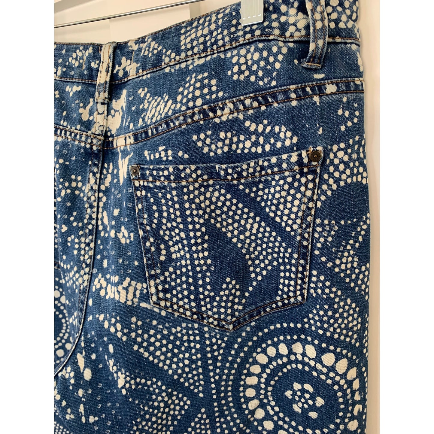 Free People Flare Bali Discharge Print Boho Bell Blue Size 31 Zip Fly Fringe