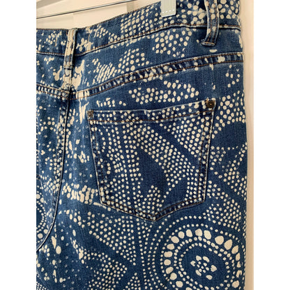 Free People Flare Bali Discharge Print Boho Bell Blue Size 31 Zip Fly Fringe