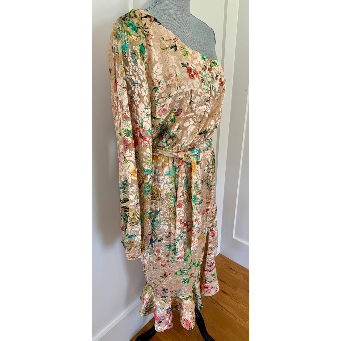 Hemant & Nandita Veena Dress in Nude Large Midi Floral One-Shoulder Lined