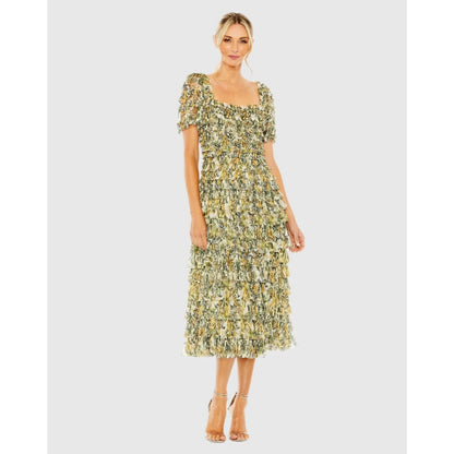NEW NWT Mac Duggal Multicolor Short Sleeve Micro Ruffle Tea Length Dress 8232 Green Multi Size 4