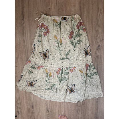 Jaded Gypsy Wild Flower Echo Skirt Embroidered Eyelet Lace Butterfly Midi OS