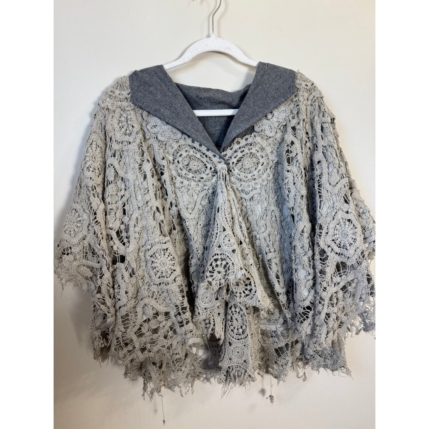 Jaded Gypsy Laced in Love Boho Crochet Poncho Gray Shawl Wrap Kimono Layering