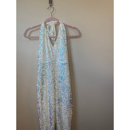 White Iridescent Sequin Halter Jumpsuit Wide Leg Disco Bridal Party Bachelorette