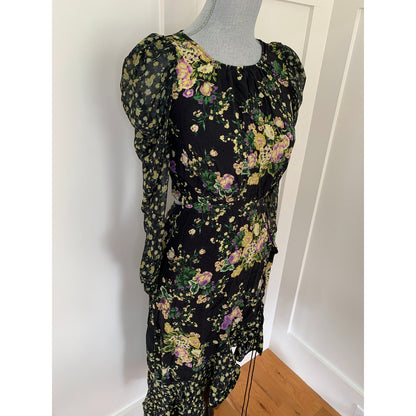 For Love & Lemons Hi-Low Dress in Black Floral Small Long Sleeve Open Tie Back