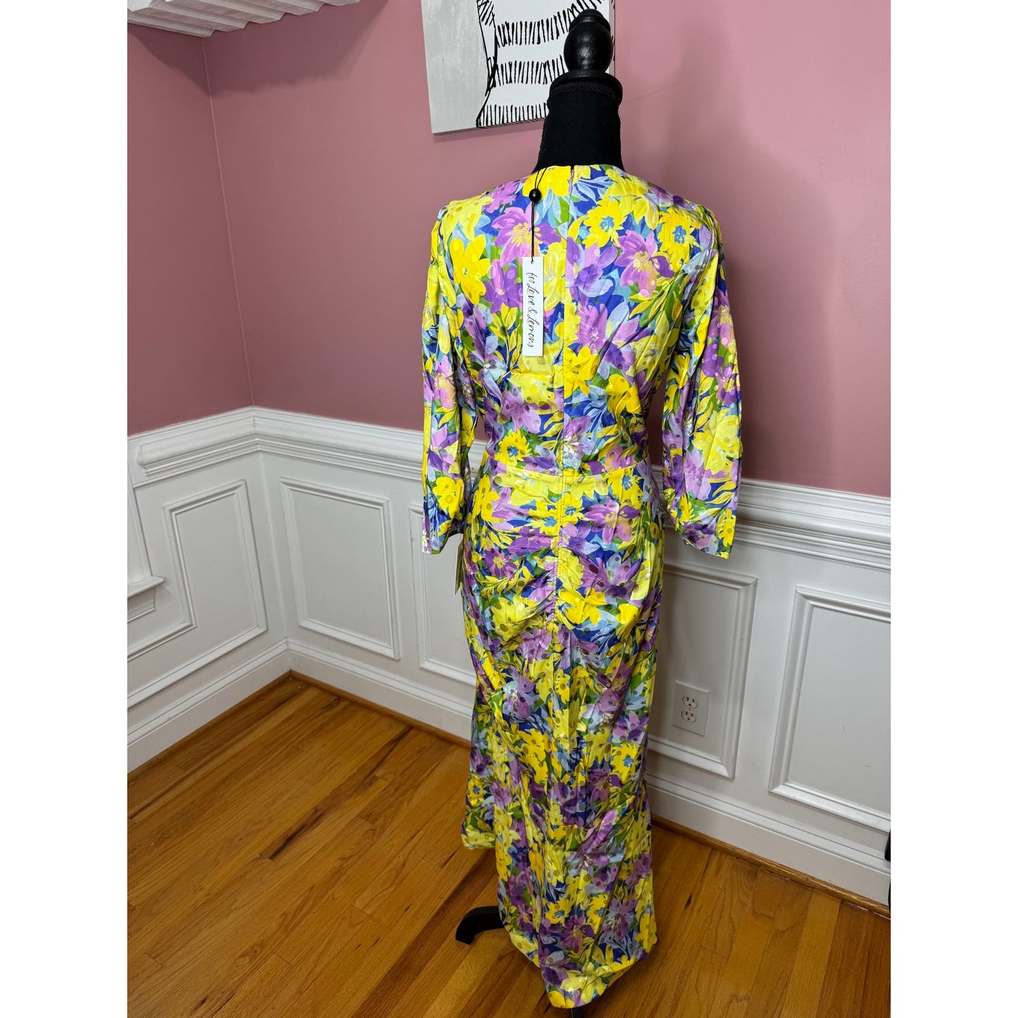 For Love & Lemons Cassia Midi Dress in Lemon Floral Size 1X 3/4 Sleeve V-Neck