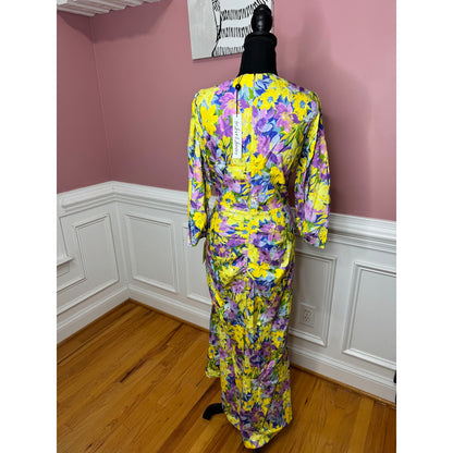 For Love & Lemons Cassia Midi Dress in Lemon Floral Size 1X 3/4 Sleeve V-Neck