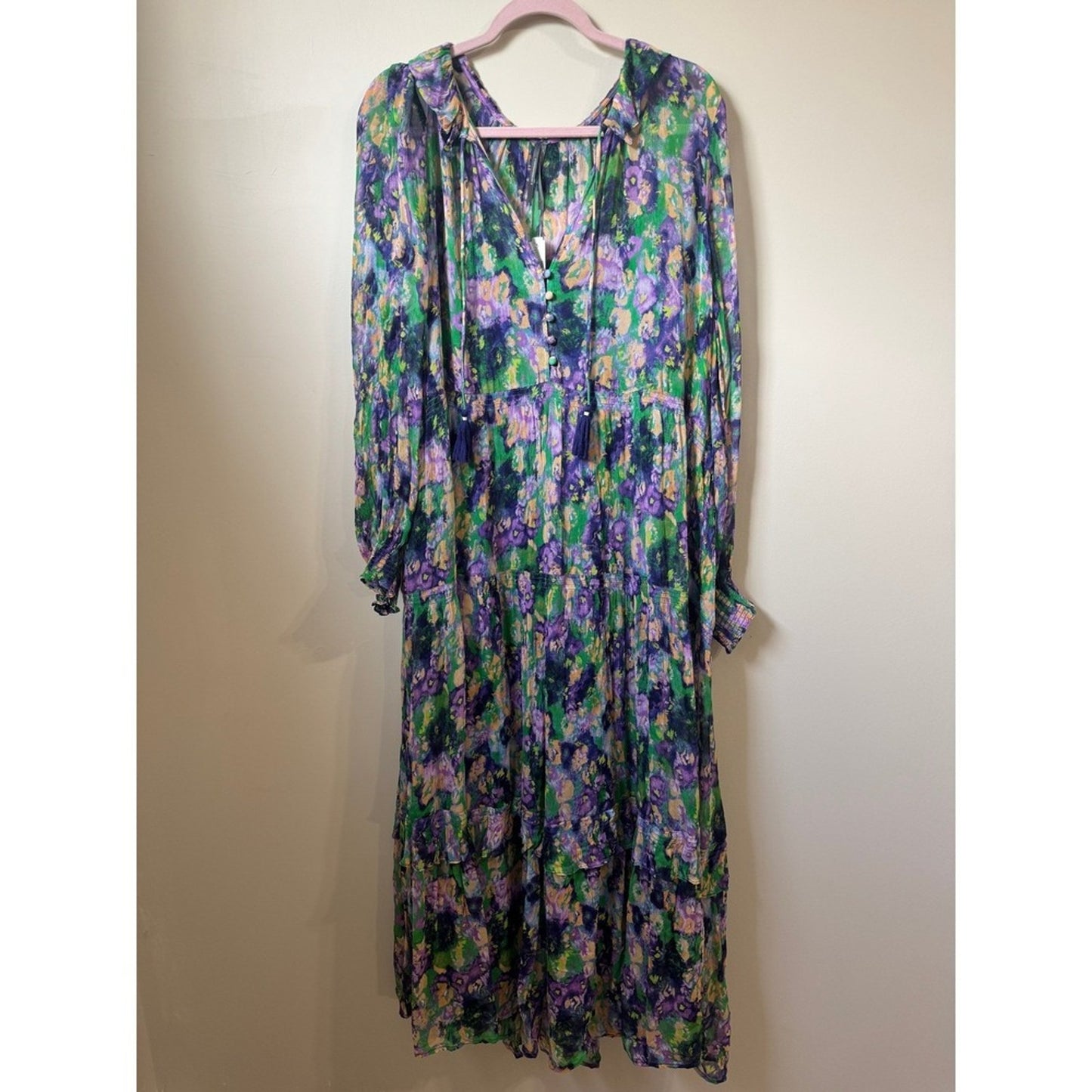 Anthropologie Tiered Floral Maxi Dress Purple Green Boho  V-Neck Long Sleeve