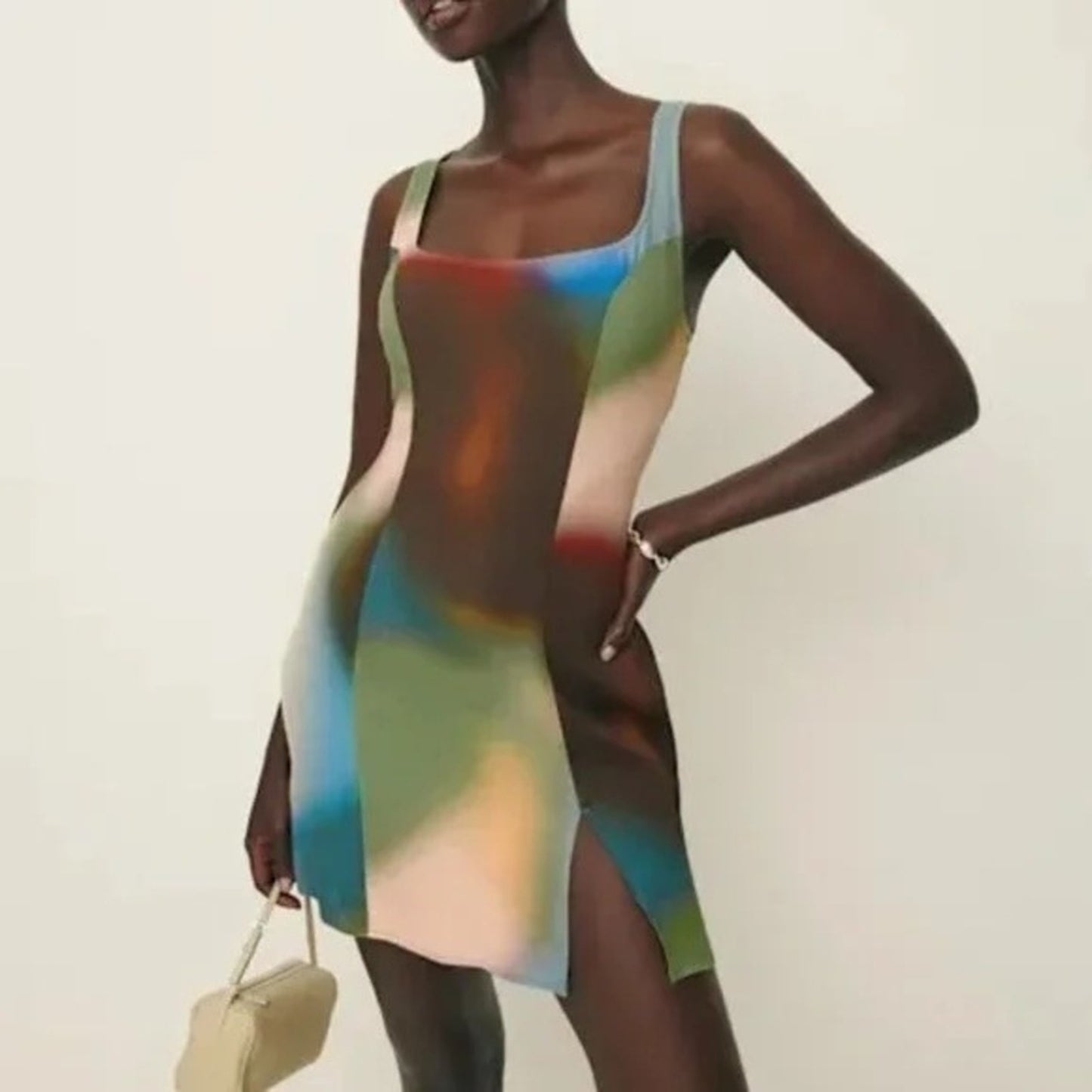 Reformation Noha Mini Dress Blur Abstract Print Square Neck Side Slit Size 8 NEW
