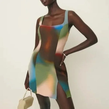 Reformation Noha Mini Dress Blur Abstract Print Square Neck Side Slit Size 8 NEW