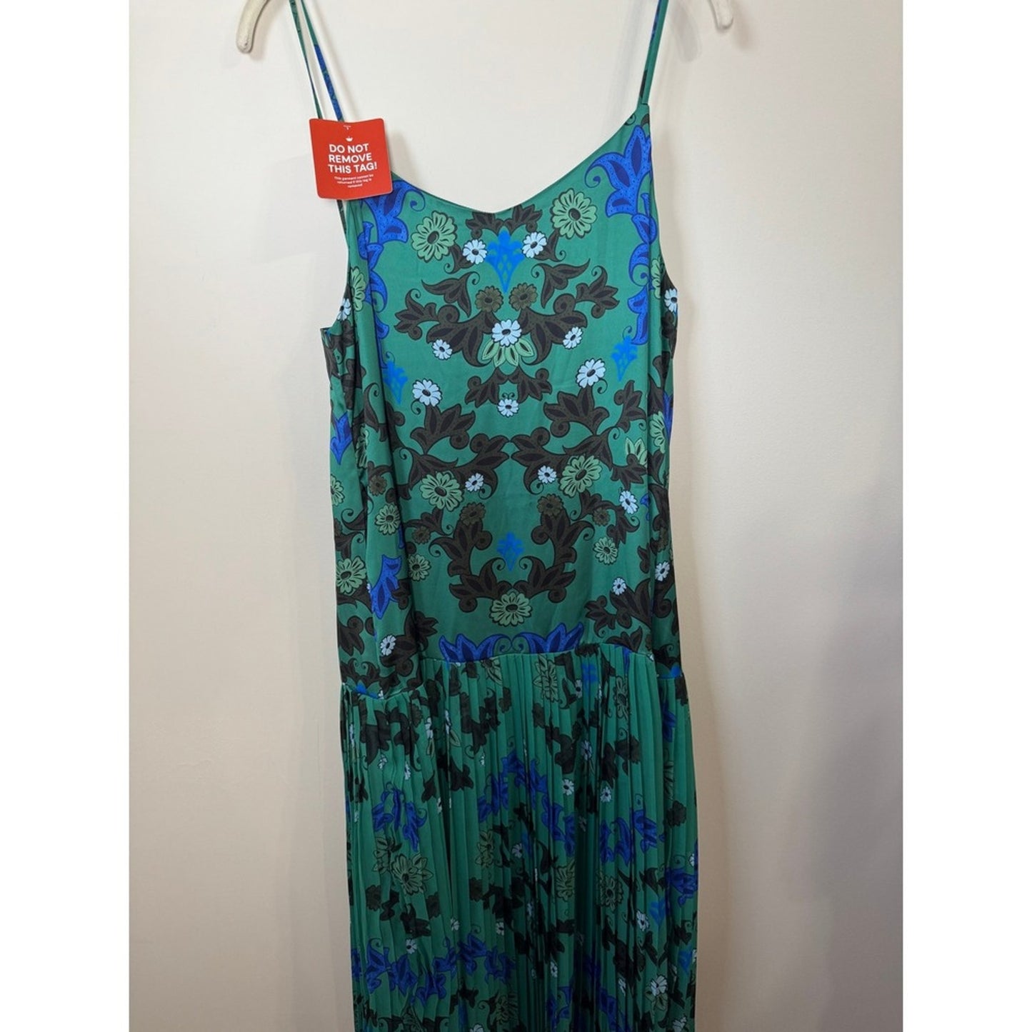 Agua Bendita Pleated Floral Maxi Dress Spaghetti Strap Green Blue M