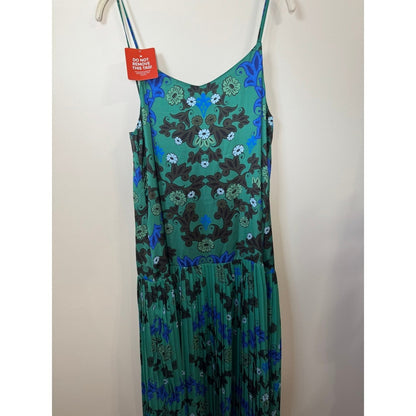 Agua Bendita Pleated Floral Maxi Dress Spaghetti Strap Green Blue M