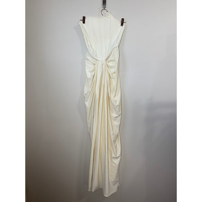 Cream Ruched Draped Strapless Gown Elegant Evening Formal Dress