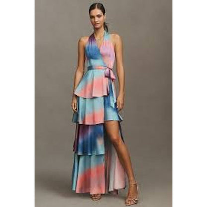 NEW NWT Hutch Satin Paige Wrap Maxi Tiered Ruffle‎ Dress Multi Size Medium