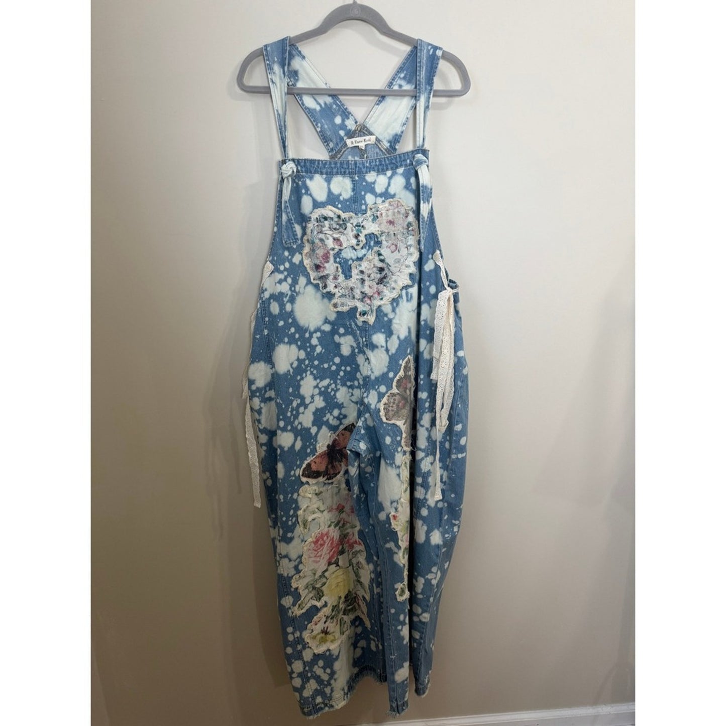 A Rare Bird Shop Custom Denim Overalls Acid Wash Floral Butterfly Lace Heart OS