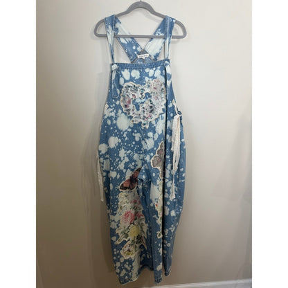 A Rare Bird Shop Custom Denim Overalls Acid Wash Floral Butterfly Lace Heart OS