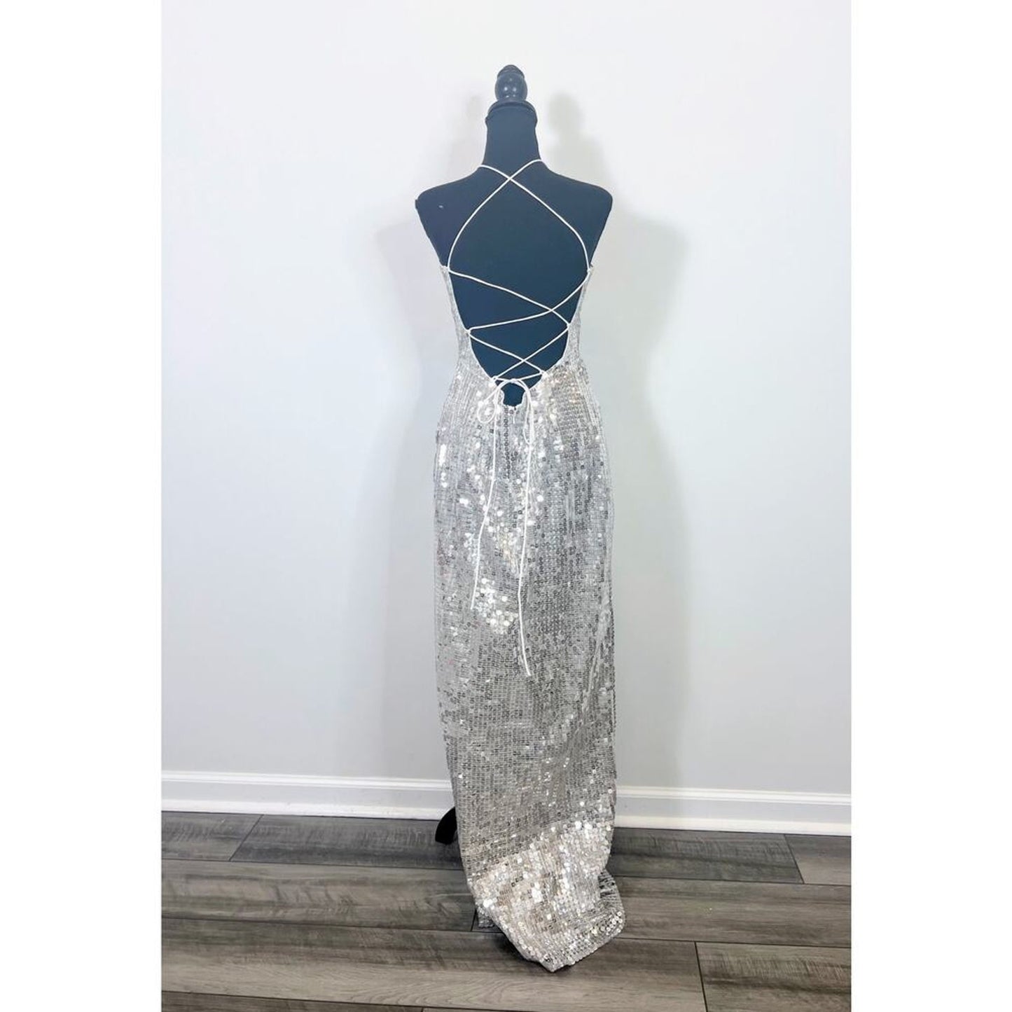 Majorelle Jovanna Maxi Dress‎ in Silver Large Embellished Gown Sequin Cut Out