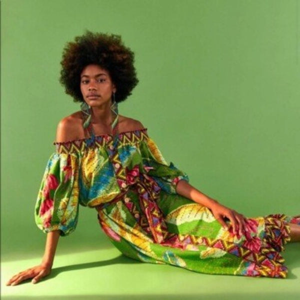 FARM Rio Off Shoulder Maxi Dress Green Floral Puff Sleeve Tie Waist S